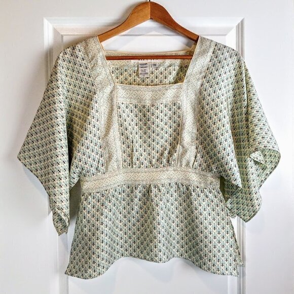Max Studio Aqua Blue Brown Print 100% Silk Boho Top - Picture 1 of 5